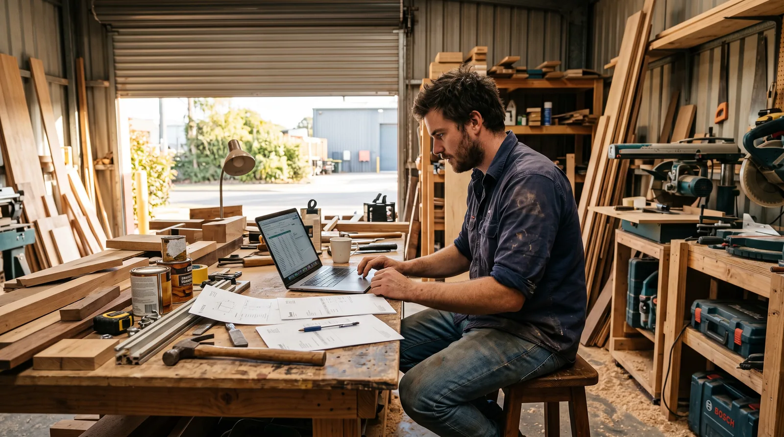 A new business owner doing the books in his workshop